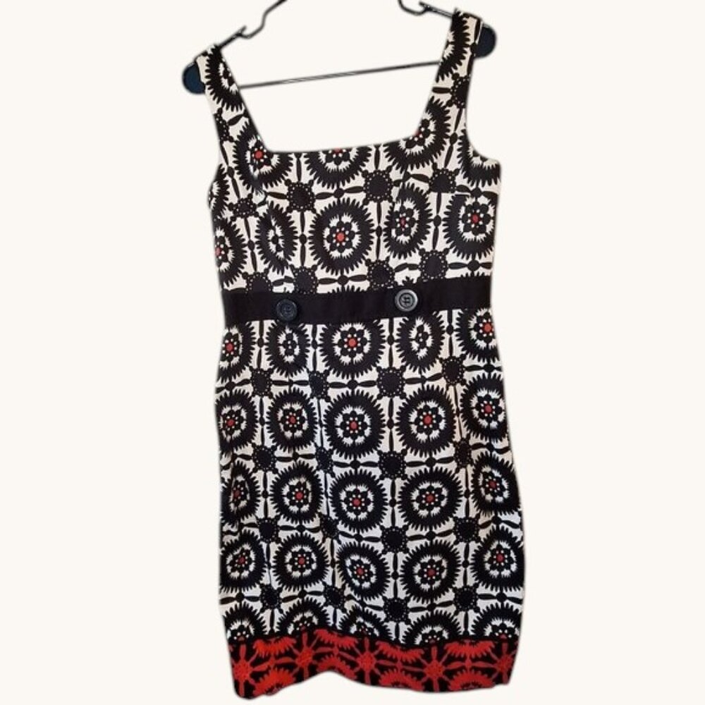 London Style Geometric Sheath Dress Black White Red Sz 10 Cotton 60s Mod